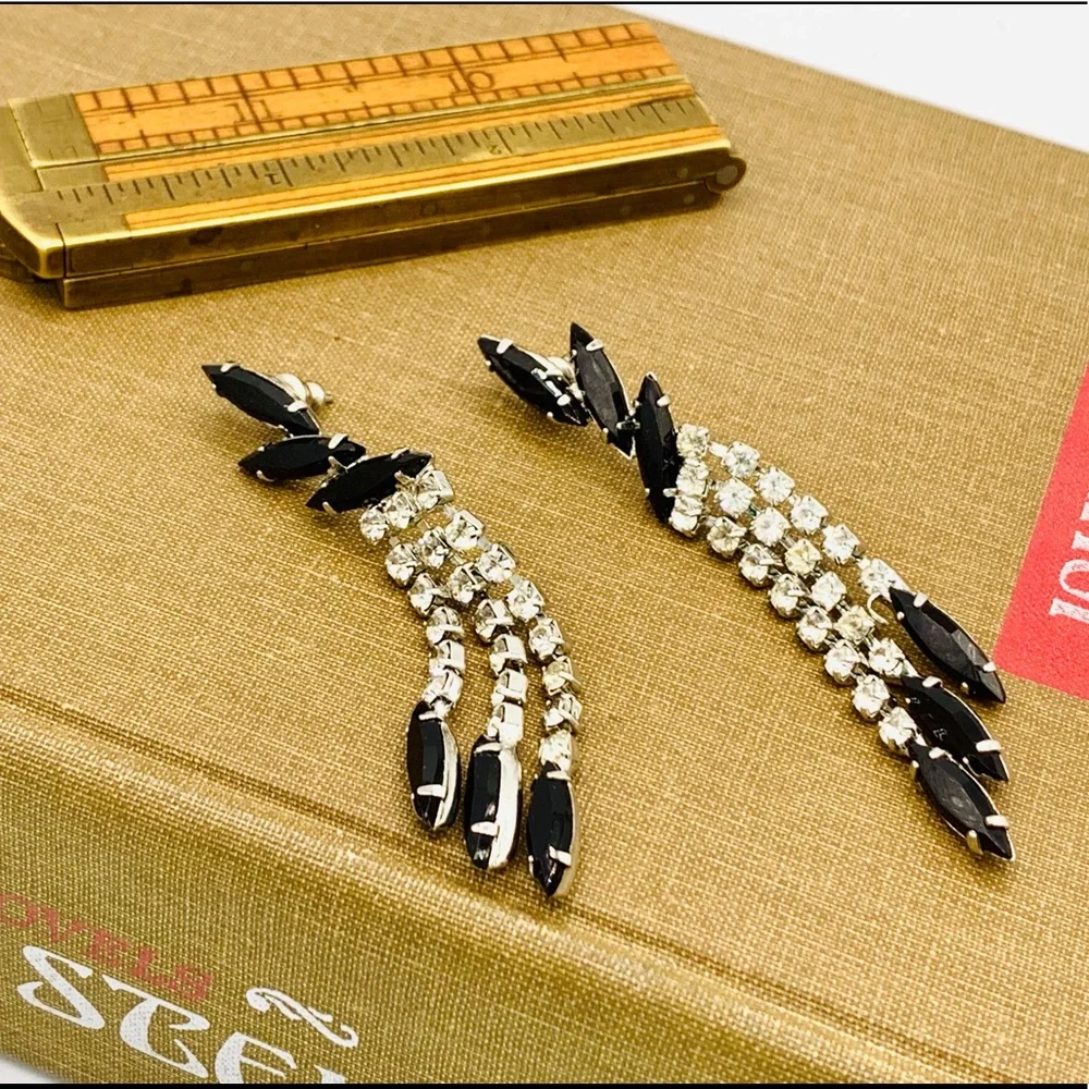 Vintage rhinestone fringe earrings dangles NOS